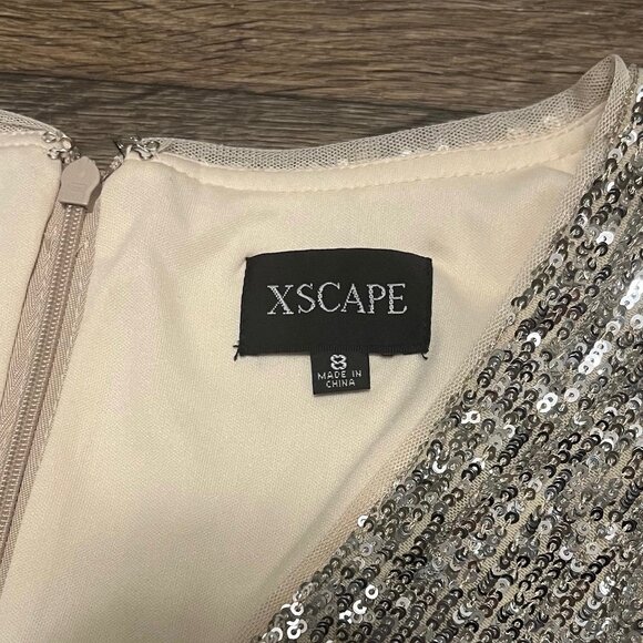 NEW Xscape Sequined Chiffon Long Sleeve Gown Dress Black Nude Silver Size 8 NWT - Picture 6 of 9